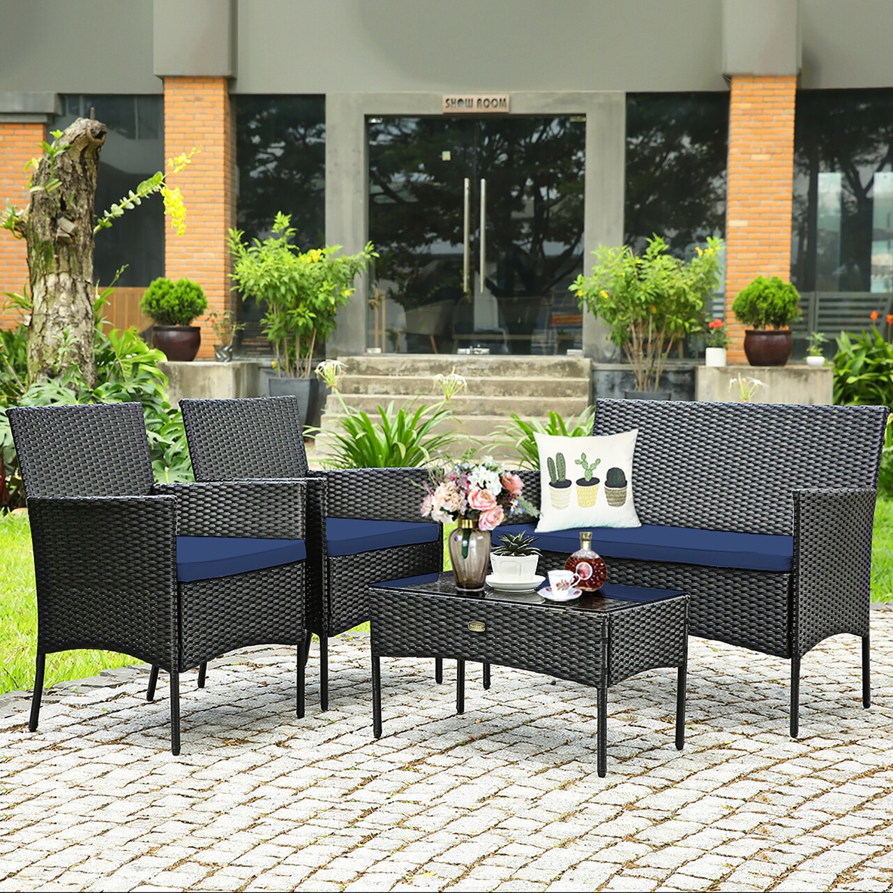 Costway 4PCS Patio Wicker Furniture Set Coffee Table Cushions w/ Cover